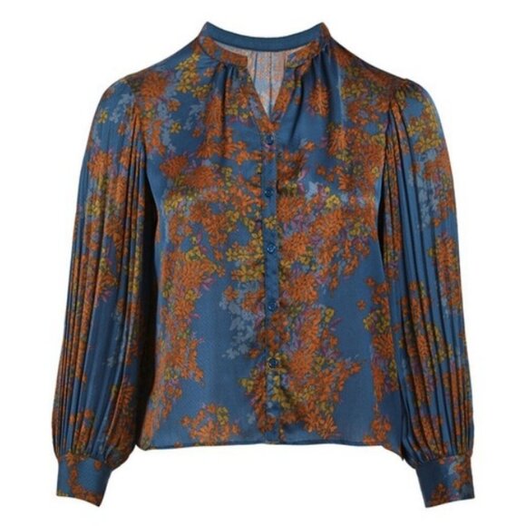 💕SKIES ARE BLUE💕Long-Sleeve Button-Down Blouse ~ Teal Mustard Print  NWT - Picture 5 of 14